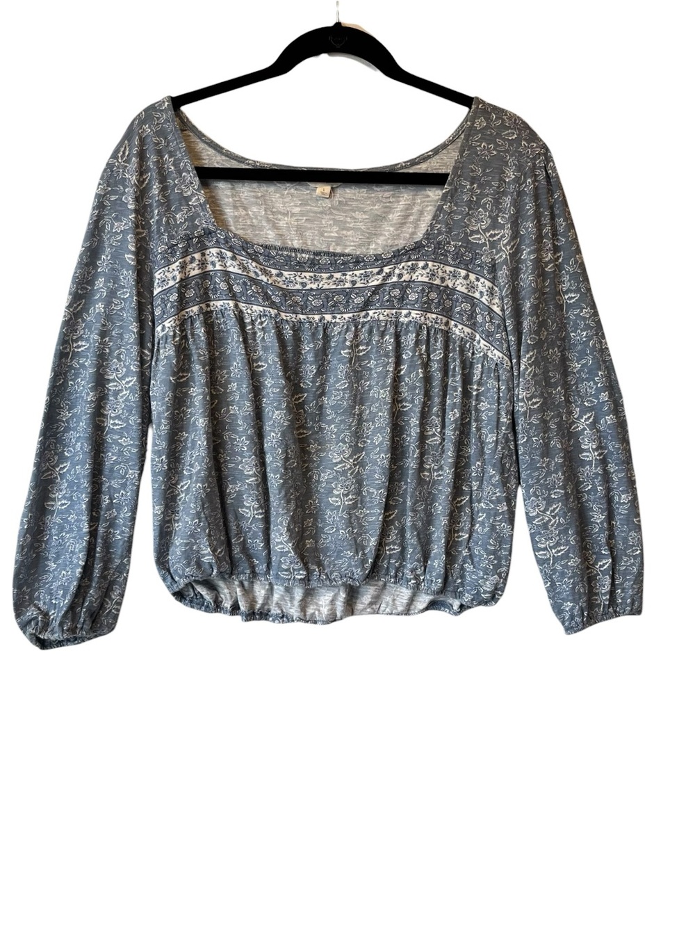 Lucky Brand peasant blouse L Blue floral Boho Milkmaid Square neck Womens top